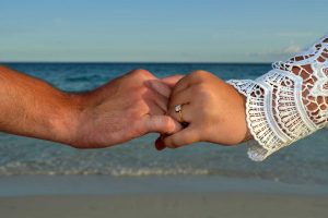 Closeup of couple holding hands with engagement ring visible