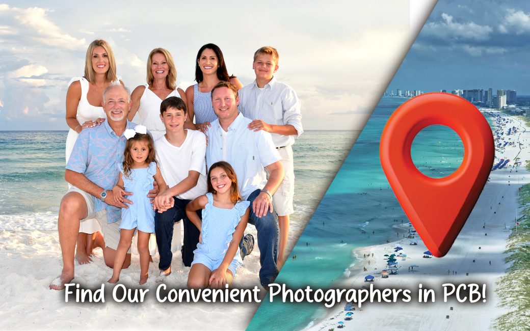 Family photo taken in Panama City Beach showcasing multiple beachfront locations.
