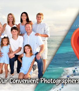 Family photo taken in Panama City Beach showcasing multiple beachfront locations.