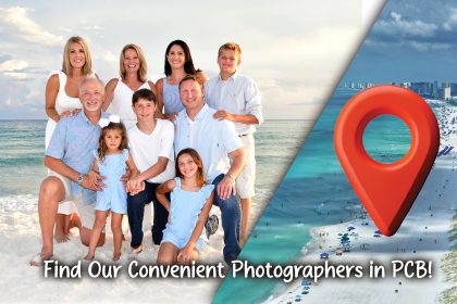 Family photo taken in Panama City Beach showcasing multiple beachfront locations.